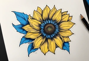 a yellow sunflower bloom with blue highlights tattoo idea
