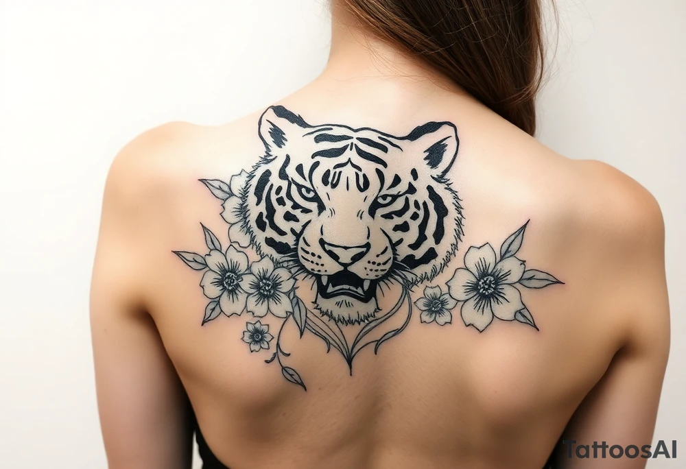 a whole tiger with some flowers around it tattoo idea