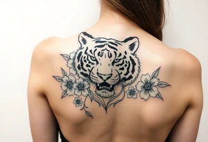 a whole tiger with some flowers around it tattoo idea