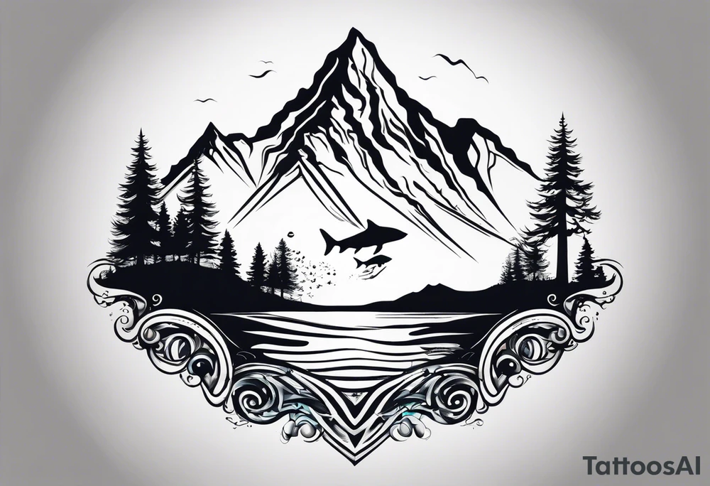 This is a tattoo that is split into 2 sections; a top half and a bottom half. The top half is a mountain in Norway with a mountain bike trail winding down the mountain. The bottom half of the tattoo depicts an underwater scene featuring water, and sea life. tattoo idea
