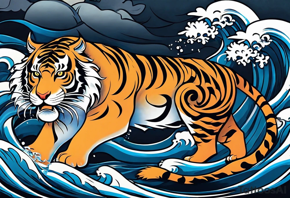Inspired by Japanese art, this design features the tiger’s body depicted with dramatic, flowing curves and swirls. The background includes flowing water currents and floral motifs. This design is colorful and dynamic, capturing the movement and spirit of the tiger in a traditional Japanese aesthetic. tattoo idea