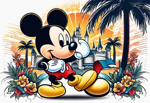 mickey mouse holding lightning with palm trees doing martial arts at the disney castle tattoo idea