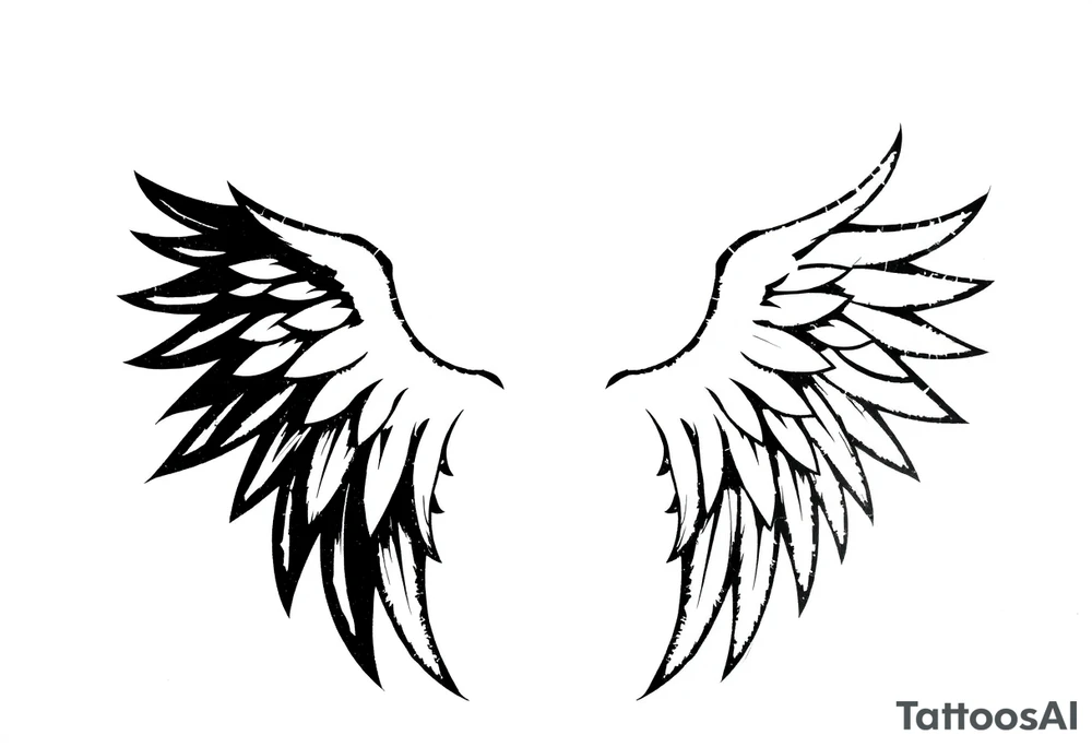 This tattoo design features a pair of asymmetrical angel wings drawn in black ink with a rough, sketch-like style. The left wing is darker, more defined, and appears denser, while the right wing is lighter, more delicate, and fragmented, creating a contrast between the two. The feathers are sharp and irregular, with fine lines and stray strokes extending outward, adding a raw and artistic feel. The overall look is dynamic and slightly chaotic, giving the impression of movement or an unfinished, ethereal form. This design symbolizes duality, freedom, transformation, or even struggle, making it a meaningful and visually striking tattoo. tattoo idea