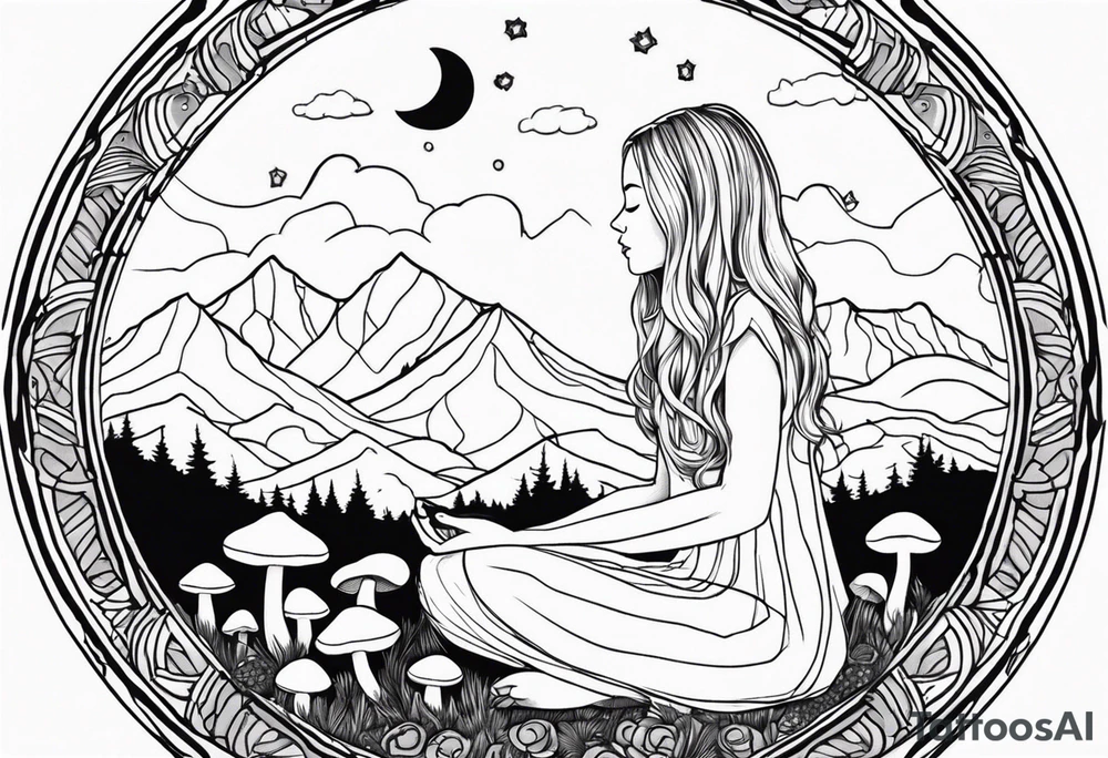 Straight blonde hair girl meditating facing away toward mountains surrounded by mushrooms crescent moon mandala circular design black and white striped dress tattoo idea