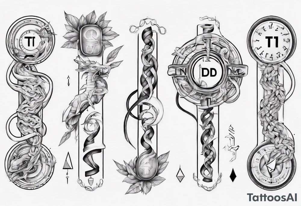 fine line asclepius with "T1D" at the top tattoo idea