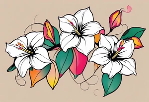 abstract mandevilla flowers on a vine, with color leaking out into the background. SOme of the flowers should be full color, and some just linework. It should have a handdrawn, sketch feel. tattoo idea