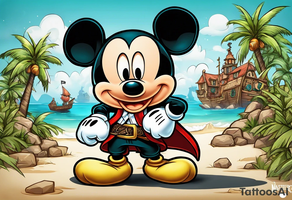 mickey mouse as pirate assassins creed character with palm trees and celtic symbol for family tattoo idea