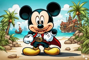 mickey mouse as pirate assassins creed character with palm trees and celtic symbol for family tattoo idea