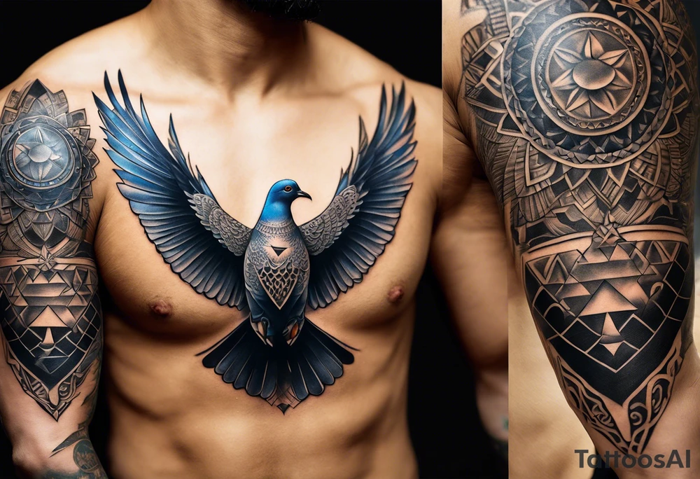 A full tattoo sleeve with a strong, masculine design, featuring a central motif of a majestic dove in flight, symbolizing peace and freedom. The dove is depicted with detailed feathers and dynamic movement, making it the focal point of the sleeve. Positioned subtly yet prominently, an intricately detailed eye within an equilateral triangle is incorporated into the design, representing the all-seeing eye or third eye. This eye is carefully shaded to blend seamlessly with the overall design, providing a symbolic layer without overshadowing the dove. Surrounding these elements, incorporate roses and leaves, rendered with rich, deep shading to create a cohesive and elegant backdrop. The roses, symbolizing beauty and resilience, and the leaves, adding a touch of natural grace, weave around the dove and eye, creating a harmonious and integrated look. The design features bold shading and contrasts, enhancing the details of both the dove and the floral elements, resulting in a powerful and balanced masculine sleeve with a blend of symbolic and artistic depth. tattoo idea
