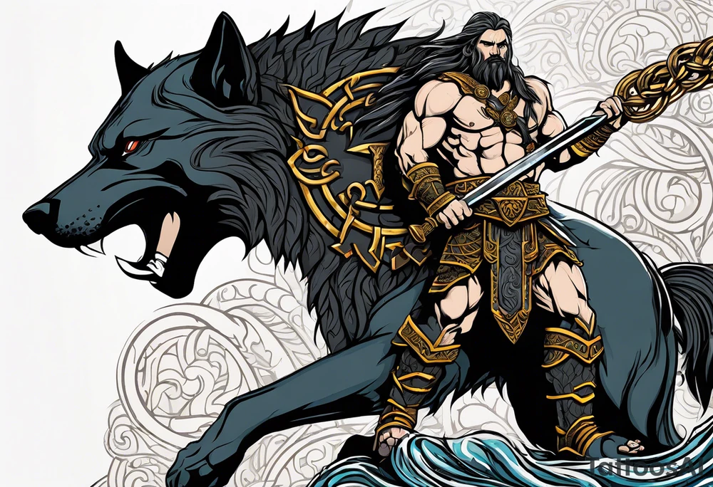 the norse symbol of Tyr, the god of war and order, with a full body figure of tyr in the middle of symbol. The right hand being bitten by a wolf bound in golden chains and the left hand holding a sword. tattoo idea