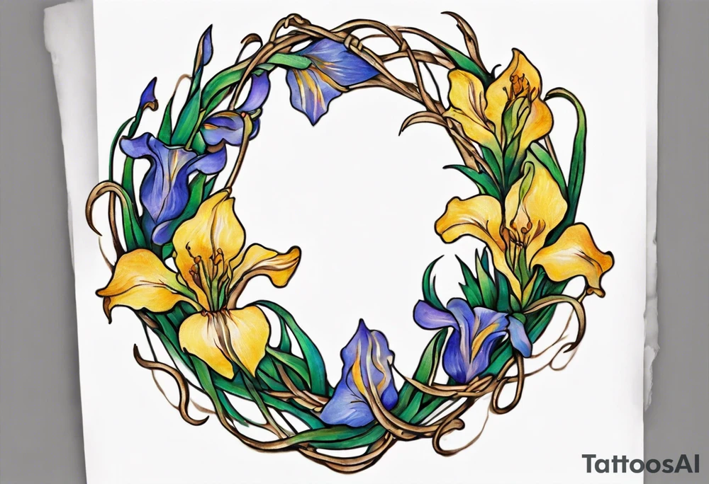 Create a small, colorful Vincent van Gogh Irises tattoo in the form of a crescent, with vines in Celtic knot style gracefully intertwining at a central point in the middle of the wreath. The intended placement is on the upper chest. The middle needs mountains. The overall design should be small in size while maintaining a delicate and artistic aesthetic. Pay attention to the graceful flow of the vines and the placement of the irises to achieve a refined and elegant look. tattoo idea
