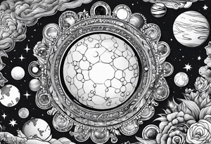 Human hand dangling planets from fingertips tattoo idea