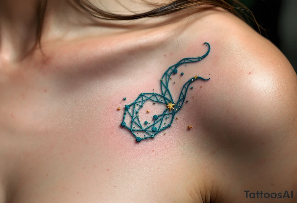 This Capricorn star constellation tattoo blends golden dots and teal lines for a cosmic, earth-meets-sky vibe captures zodiac’s essence. tattoo idea