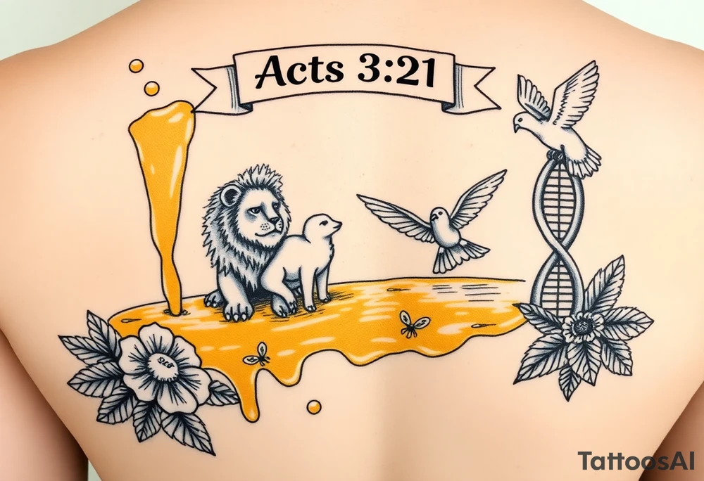 Make a honeycomb dripping honey flowing into a river and lake.  Make a lion, lamb, and dove playing in and by the honey lake.  Make the lion, lamb, and dove playing with and protecting honeybees, a crown, a golden nugget, an ancient hammer, and a harp with melodies.  Make a dna helix in the honey lake. Make an acts 3:21 banner over the tattoo tattoo idea