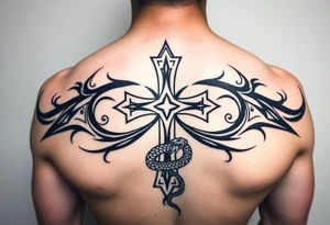 A cross slaying the snake tattoo idea