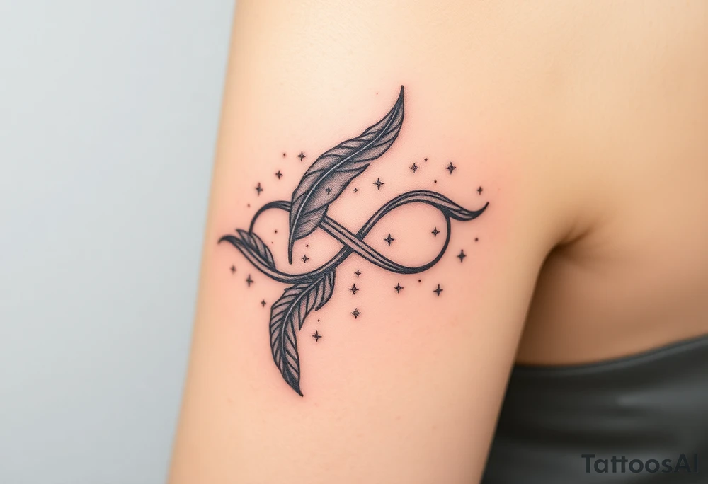infinity symbol woven with floating feathers and stardust tattoo idea