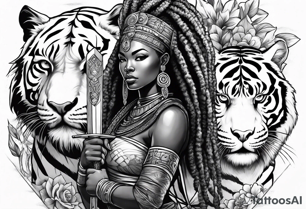 African goddess with sword in hand and tiger Japanese traditional style tattoo idea