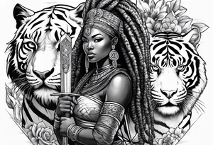 African goddess with sword in hand and tiger Japanese traditional style tattoo idea