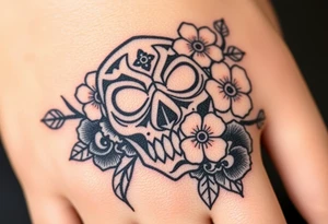 Japanese mask, which is covered with flowers of death according to Japanese mythology tattoo idea