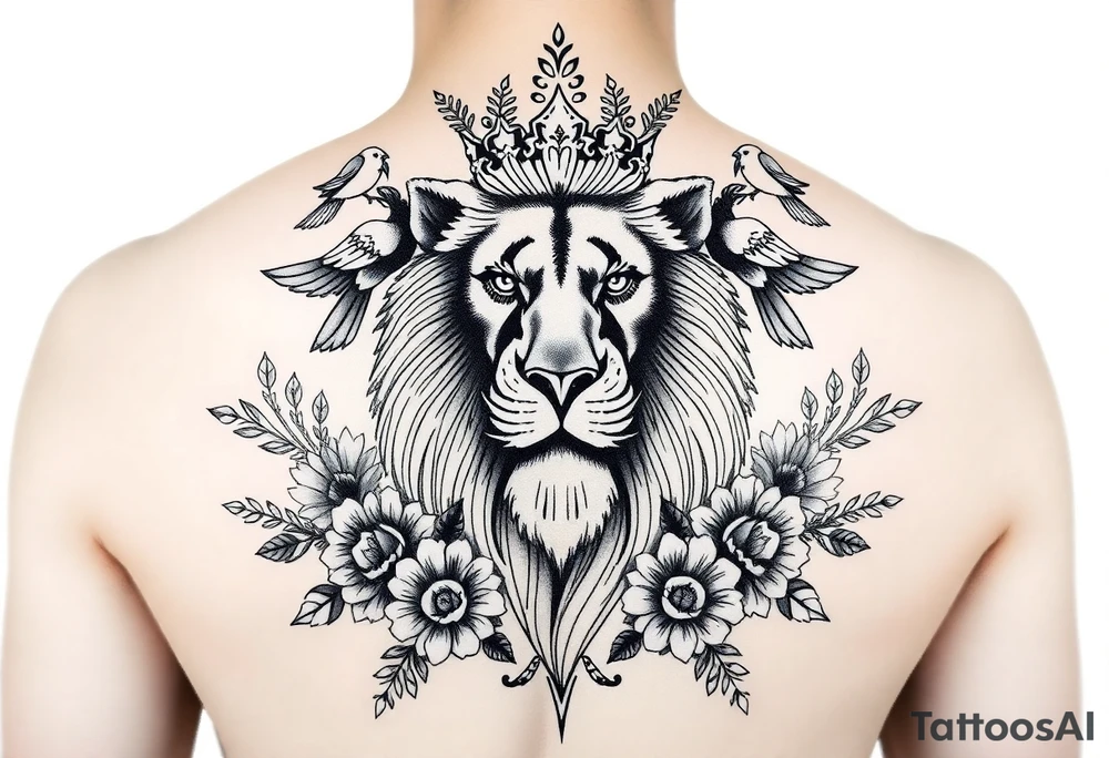 powerful majestic lion with a crown, surrounded by floral ornaments and birds tattoo idea