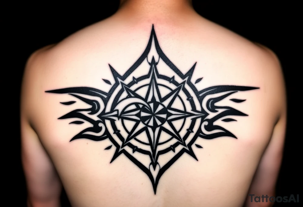 A sharp edged rip curl wave inside of an elongated diamond infront of a compass rose tattoo idea
