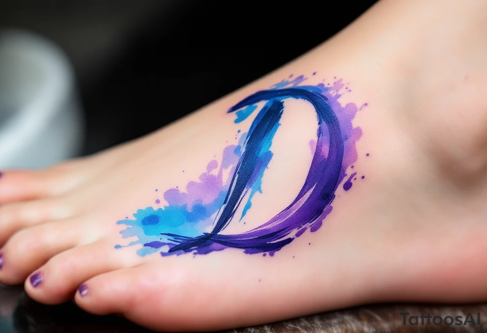 Watercolor Brushstroke D – A bold, free-flowing D painted with vibrant blue and purple watercolor splashes fading outward. tattoo idea