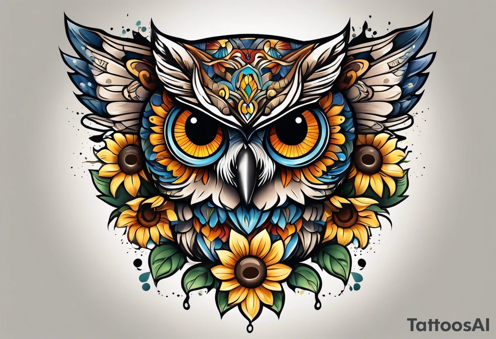 Small owl with butterfly and sunflower leg sleeve tattoo idea