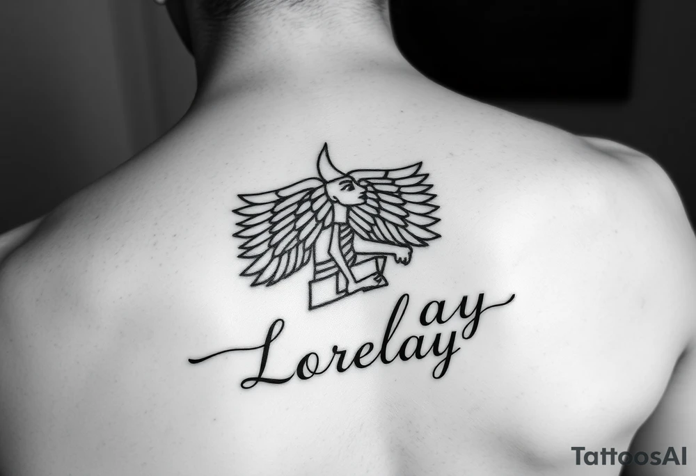 Crea un diseño significativo sobre la cultura egipcia y que tenga el nombre escrito por de bajo del diseño el nombre de mi hermana Lorelay para la parte baja del bíceps tattoo idea