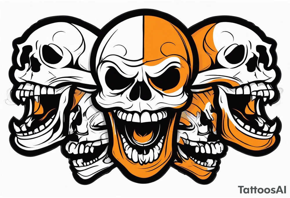 skull laughing black and orange tattoo idea