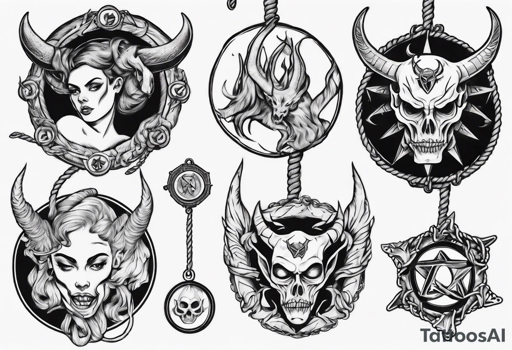 woman hand holding satan medallion on a rope tattoo idea