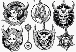 woman hand holding satan medallion on a rope tattoo idea