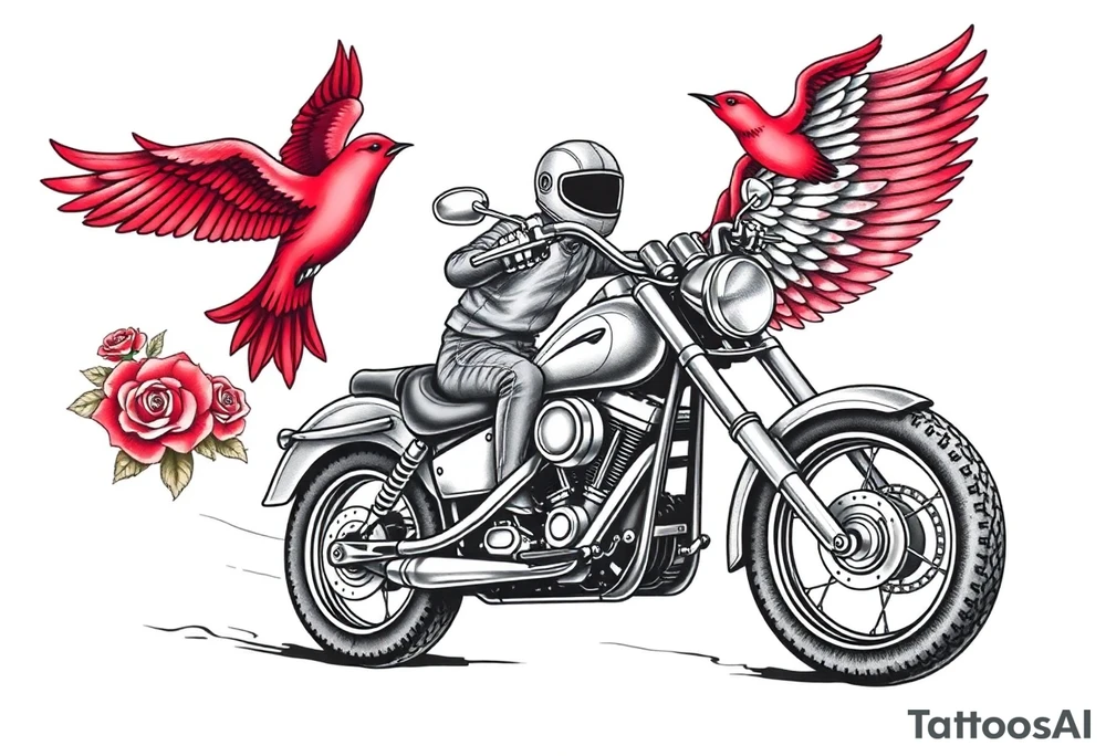 Harley grey motorcycle driving away, two red birds flying, roses, flames, angel wings tattoo idea