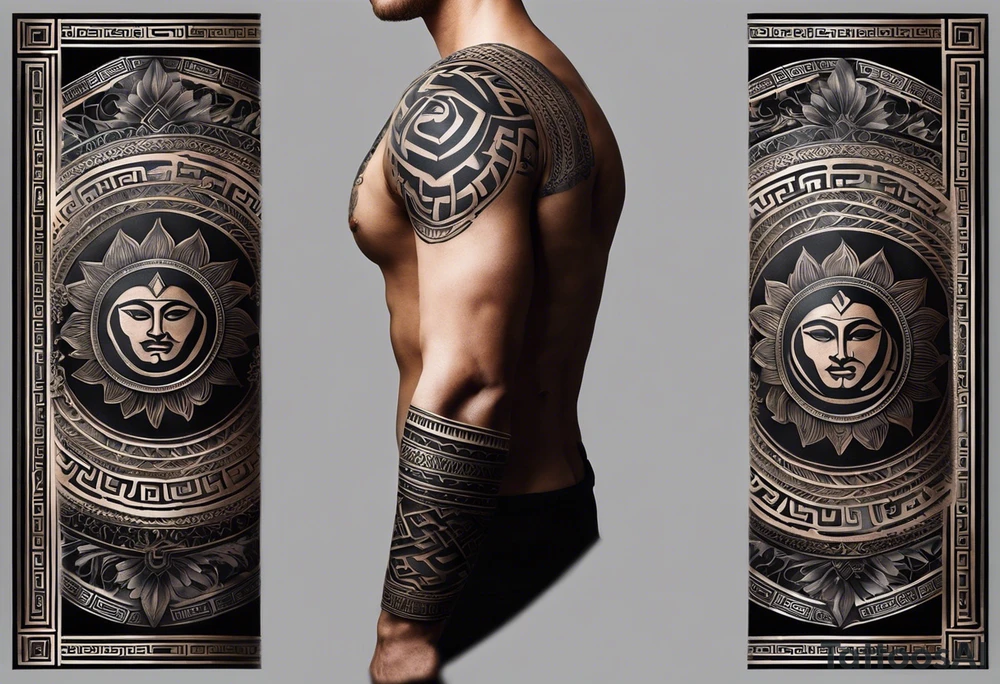 A full tattoo sleeve inspired by Greek mythology, designed with a strong, masculine aesthetic and dark shading to create bold contrasts. The sleeve features a central theme of ancient Greek symbols and deities, intricately woven together with a sense of power and order. The design incorporates an ordered mandala effect, with geometric patterns that add a sense of structure and balance, blending seamlessly with the mythological elements. Key figures like a fierce warrior, perhaps a Spartan or a gladiator, are depicted in dynamic poses, showcasing strength and bravery. Surrounding these figures, include elements like a laurel wreath, the eye of a Greek god, or a shield and spear, all rendered in dark, intense shading to highlight their significance. The mandala patterns serve as a backdrop, providing a structured, almost architectural feel that contrasts with the organic forms of the mythological characters. The overall look is dark, powerful, and deeply symbolic, capturing the essence of ancient Greek heroism and mythology in a way that resonates with a strong, masculine energy tattoo idea