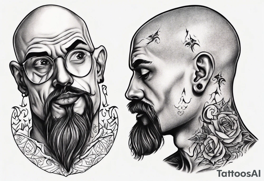 bald heartbroken man closeup van dyke goatee tattoo idea