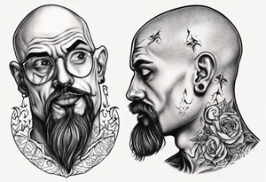 bald heartbroken man closeup van dyke goatee tattoo idea