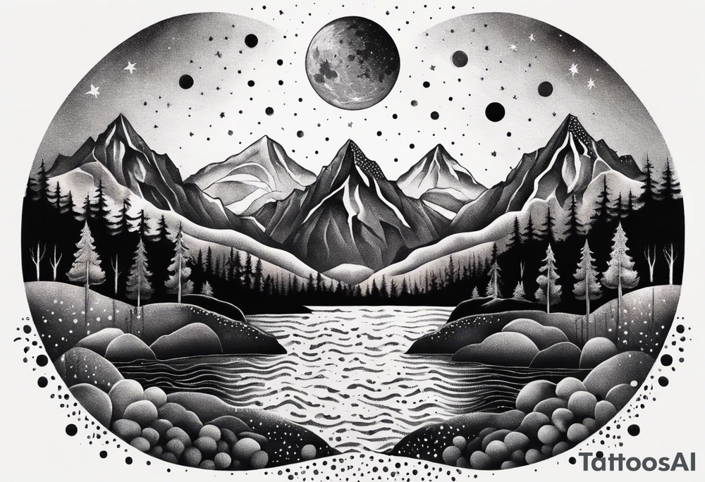 nature with mountains, waterfall, water, and a father and son in the background and and moon/sun in the sky with stars tattoo idea