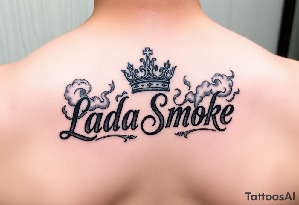 LadaSmoke name with a crown and clouds of smoke tattoo idea