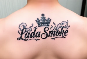 LadaSmoke name with a crown and clouds of smoke tattoo idea