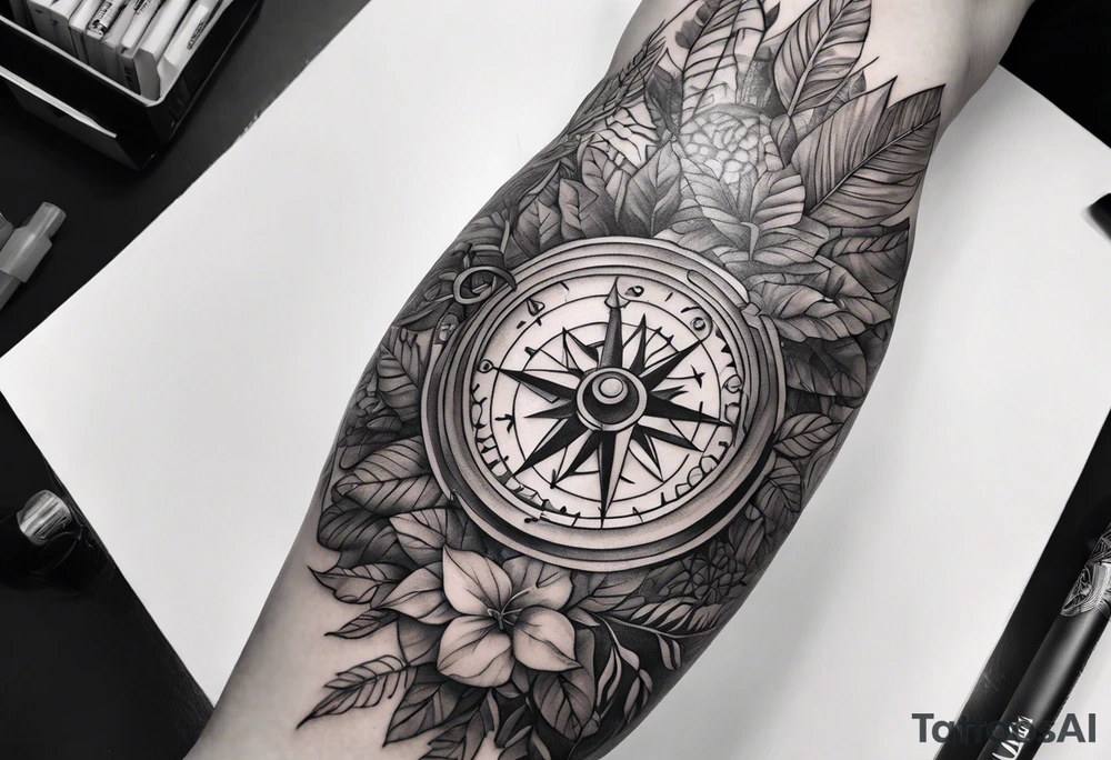 sleeve tattoo with jungle plants and viking compass tattoo idea