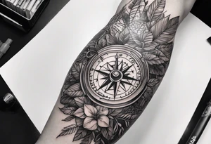 sleeve tattoo with jungle plants and viking compass tattoo idea