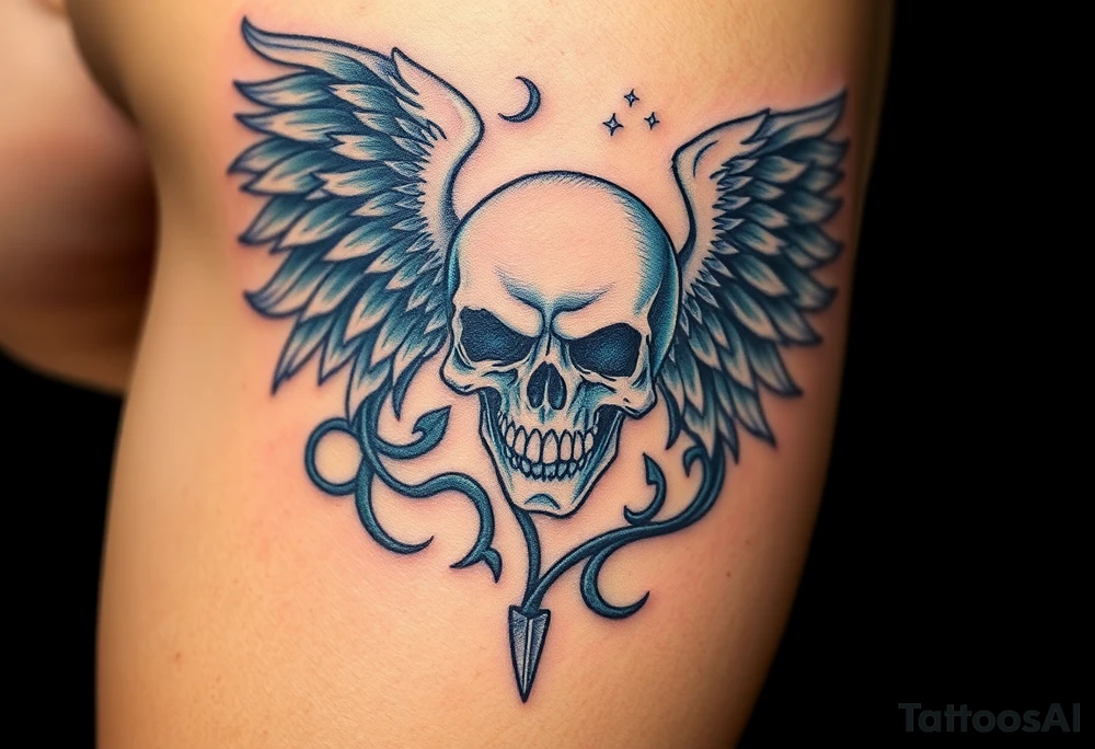 A skull-faced angel surrounded by swirling winds, colored in shades of dark blue and silver, with faint glowing orbs of light. tattoo idea