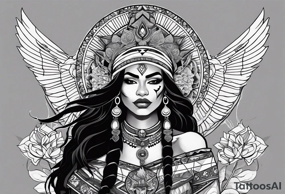 valkrye, kali, pirate, african goddess, , warrior, native american, lotus, zenza resonance, skulls, pachamama, left side face, chest, right wing, tattoo idea