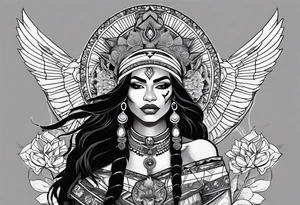 valkrye, kali, pirate, african goddess, , warrior, native american, lotus, zenza resonance, skulls, pachamama, left side face, chest, right wing, tattoo idea