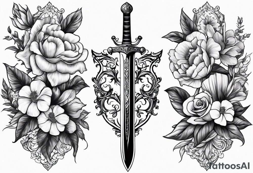 Sword with January, May and June birth flowers wrapped around it. tattoo idea