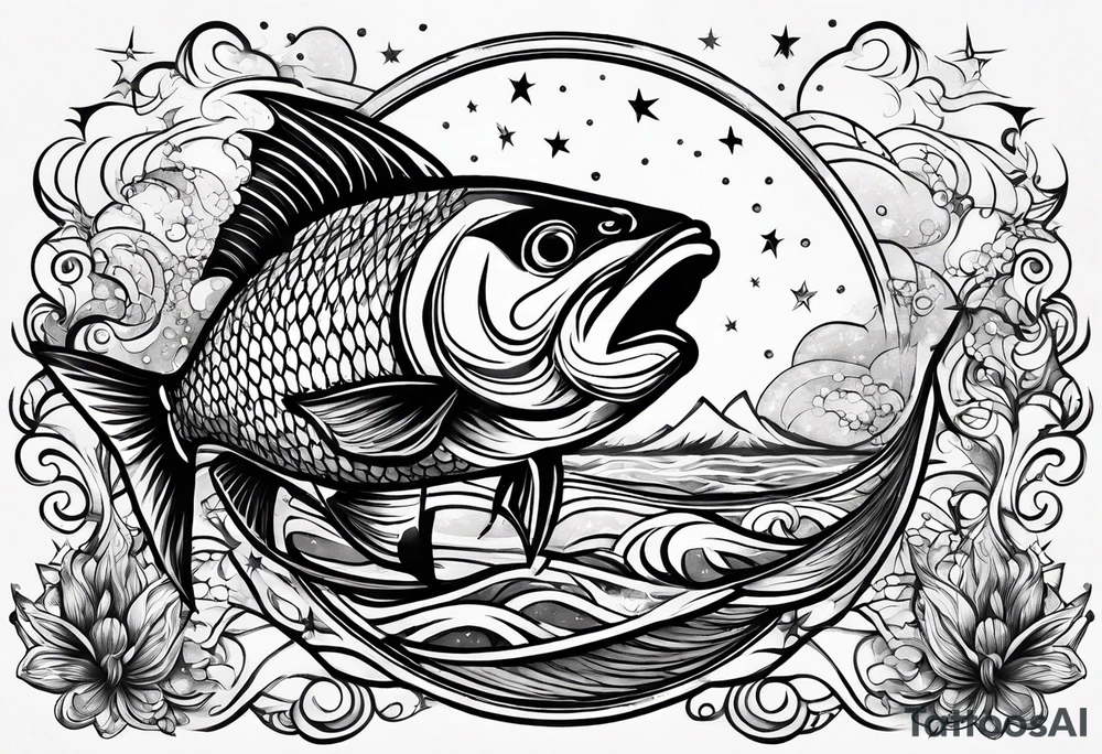 A fish jumping out of rapid waters and into  constellations and the universe tattoo idea