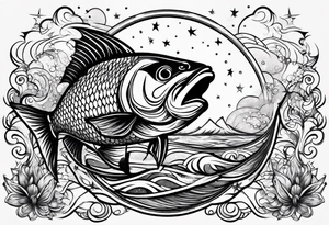 A fish jumping out of rapid waters and into  constellations and the universe tattoo idea