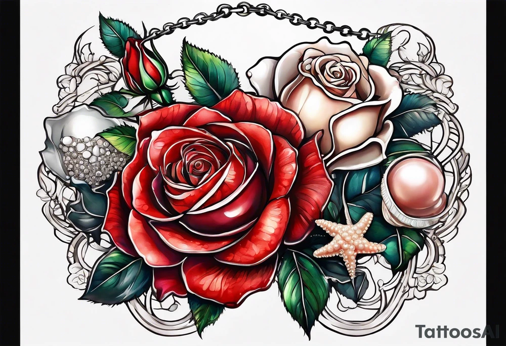 Red roses with a chain made of pearls and seashells tattoo idea
