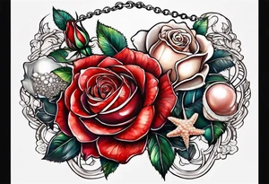 Red roses with a chain made of pearls and seashells tattoo idea
