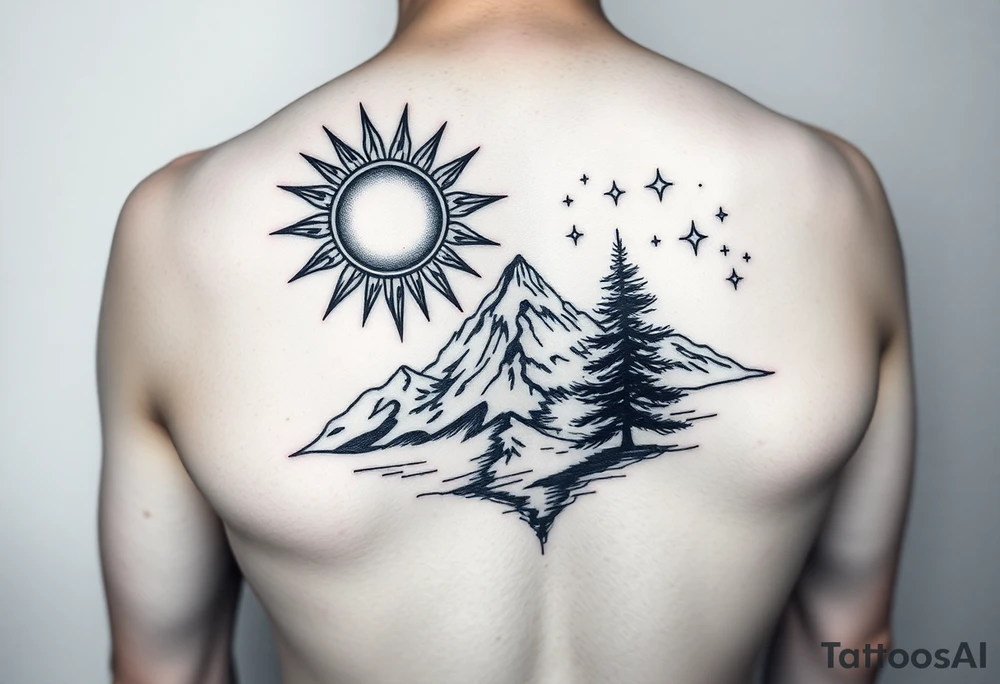 sun, moon, stars, mountain, tree. tattoo idea