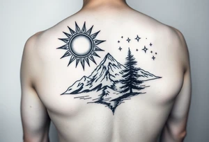 sun, moon, stars, mountain, tree. tattoo idea